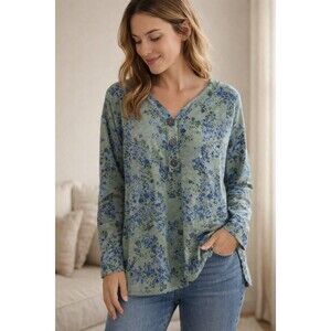 J Jill Pullover V-Neck Blue Green Floral Top Women's Medium Henley 3 Button